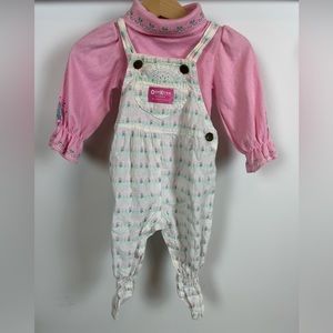 VTG Osh Kosh B'Gosh Pink White Roses Overalls Romper Turtleneck‎ Set 6/9M USA